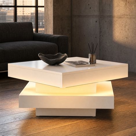 Quadratischer Couchtisch 70 x 70 x 36 cm mit 360°-Drehplatte und LED-Beleuchtung, weiß HAVRYA (1/5)