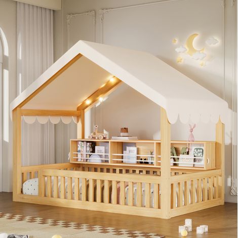 Kinder-Hausbett bodennah 90x200 cm mit LED, Bücherregal und Schutzgitter, MDF/Kiefer (1/5)