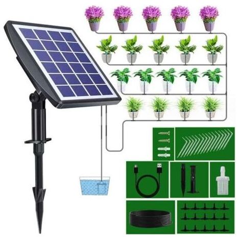 Systeme d'arrosage automatique solaire, Kit d'irrigation goutte a goutte, avec minuterie Pour balcons, terrasses, jardins.. (1/4)
