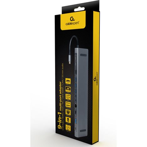 Adaptateur multiport Gembird A-CM-COMBO9-01 USB Type-C 9-en-1 (hub USB + HDMI + VGA + PD + lecteur de cartes + LAN + audio 3,5 mm). Gris sidéral (1/5)