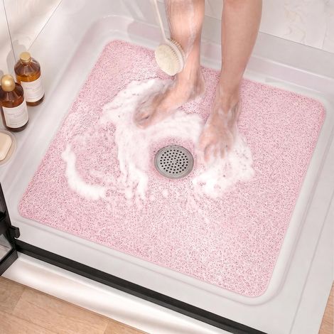 Tapis de Douche Antidérapant Carré avec Trou Central, PVC, 60x60cm Rose (1/5)