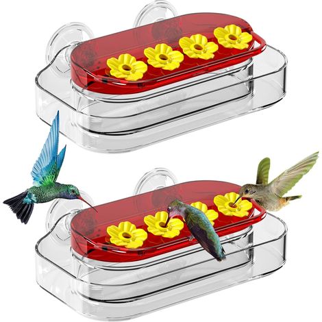 Kit comprenant 2 mangeoires à colibris pour fenêtres, avec ventouse puissante et 4 trous d'alimentation, faciles à nettoyer et à remplir. En plastique.-AquaForge (1/5)