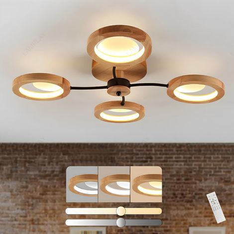 Modern LED Ceiling Light, Ceiling Light Diameter 74 cm Dimmable with Remote Control 3000K-6000K, Black Arm + 4 Wooden Rings, Metal Circle Lampshade, Living Room, Bedroom, Dining Room Office (1/5)
