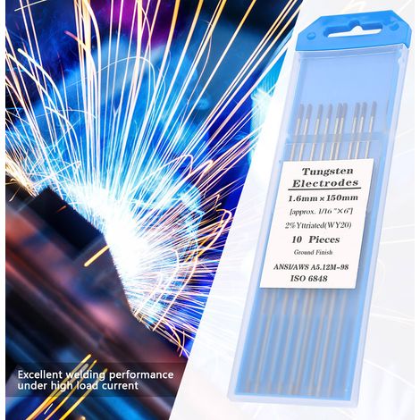 10 Stück WY20 2,0 % Yttrium-Wolfram-Elektroden, blaue Spitze für WIG-Schweißen, 1,6 mm × 150 mm (1/5)