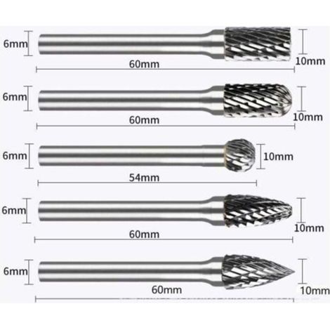 Un ensemble de 5 fraises rotatives à double coupe en carbure de tungstène, tige de 6 mm, tête de 10 mm, adaptées au travail du bois, à la sculpture, au meulage et à la gravure.