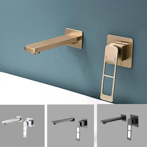 Robinetterie de Salle de Bain Robinet de lavabo de Salle de Bain Tout en cuivre sans boîtier encastré Robinet encastré Mural Or brossé et Argent Carré Or (1/3)