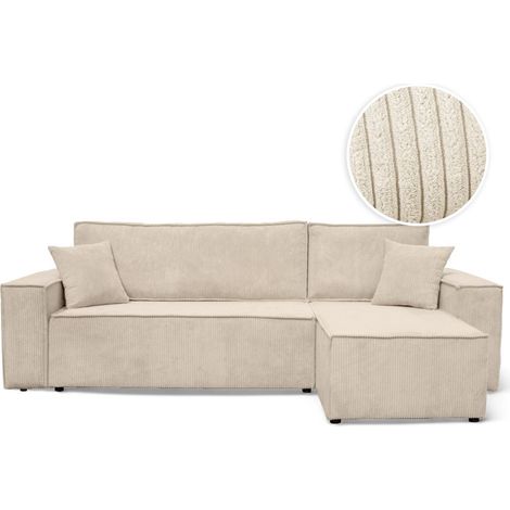 Loungitude – Canapé d'angle convertible réversible 4 places en velours côtelé beige – Dossier basculant pour lit d'appoint – Coffre de rangement intégré (1/5)