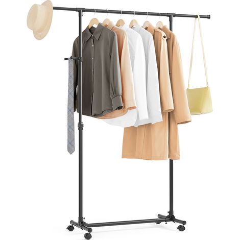 Porte-vêtements à roulettes - Porte-vêtements - Hauteur réglable entre 97-165 cm - Porte-vêtements avec barre extensible - Crochets latéraux pour accessoires et sacs - noir (1/5)