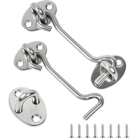 Türhaken Schuppentürhaken 4er-Set 10 cm Türriegel Haken und Bolzenverschluss Türhaken aus Edelstahl Innentürschlösser mit Befestigungsschrauben Silber (1/5)