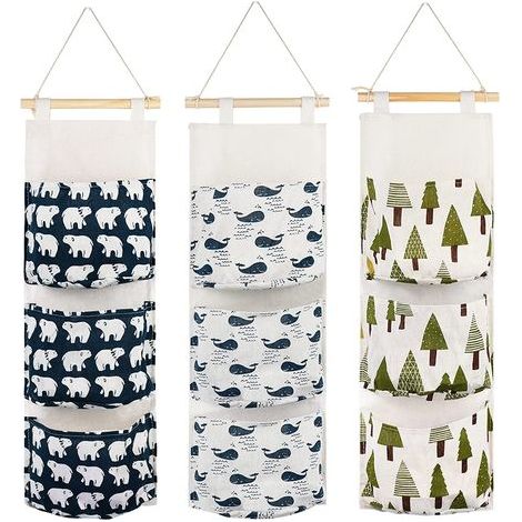 3-piece hanging storage bag with 3 pockets in premium fabric, wall shelf basket, organizer storage bag for bedroom, bathroom, kitchen - waterproof and stylish (bear/tree/ (1/5)