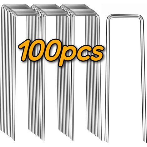 100 clous de jardin en U 20x4 cm, piquets galvanisés robustes pour fixation de clôture, tuyaux d’eau et bordures de jardin (1/4)