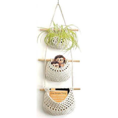 Panier de rangement à 3 niveaux - Rangement - Paniers suspendus - pour salon et chambre - Paniers de rangement pour la maison - Blanc - 79,5 cm - Corde en coton (1/4)