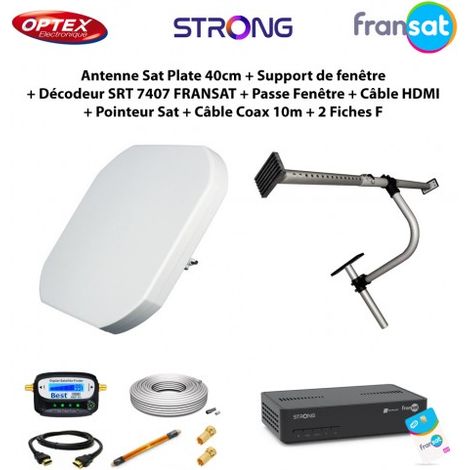 Antenne Sat Plate 40cm + Support de fenêtre + Décodeur SRT 7407 FRANSAT + Passe Fenêtre + Câble HDMI + Pointeur Sat + Câble Coax 10m
