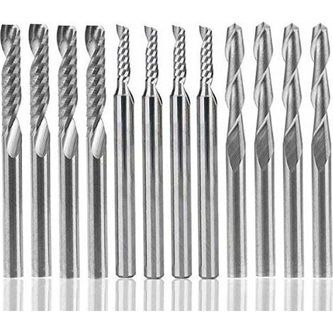 Lot de 12 fraises en carbure de tungstène, 4 fraises CNC 1/8" à double cannelure + 8 fraises en bout à bord unique (2 types) pour nylon, résine, ABS, acrylique, PVC, MDF, bois (1/5)