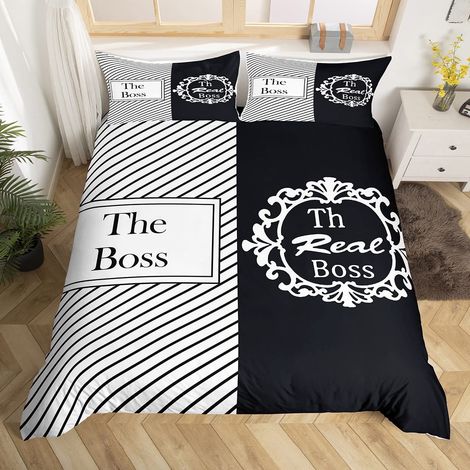 Parure de lit avec housse de couette et 2 taies d'oreiller pour lit double Motif géométrique humoristique Blanc/noir (1/5)