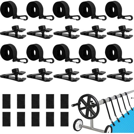 Fixation pour Bâche Solaire de Piscine,10 Pièces Kit de Sangles de Couverture Solaire,Enrouleur de Couverture Solaire,Sangles de Fixation,Pinces,pour Couvertures de Bâches de Piscine (1/5)