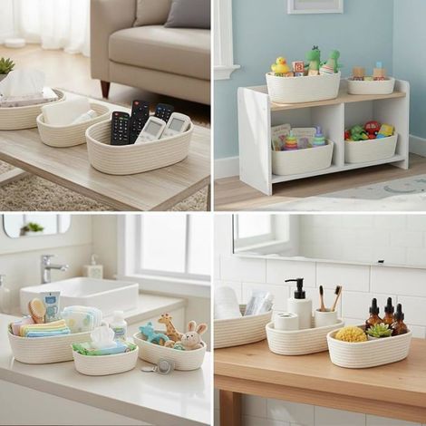 Lot de Petits Paniers de Rangement Set Multifonction Tissé en Coton pour Organiser Salle de Bain,Chambre,Bnc Cassé (1/5)