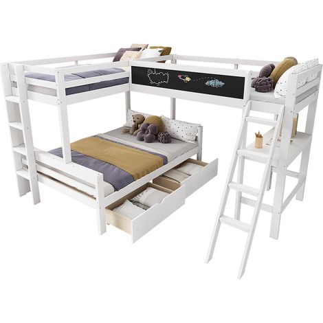 Lit d'enfant en mezzanine, pour trois enfants, avec bureau et étagère, 140x200 cm, 90200 cm, blanc (1/5)