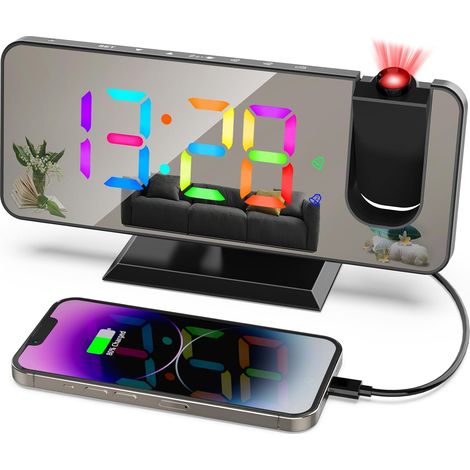 Projection Alarm Clock with Mirror LED Display 11 Colors Changing RGB Digital Clock with USB Charging Port Snooze Function 6 Levels Adjustable Brightness Black (1/5)
