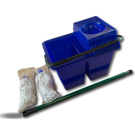 Kibros – Kit de nettoyage avec seau 2 compartiments et 2 serpillères – Manche télescopique – Pour sols en pierre et carrelage