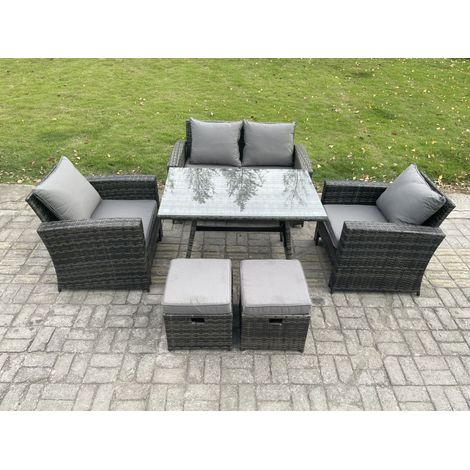 Fimous 6 Seater Outdoor Garden Furniture High Back Rattan Sofa Dining Table Set with 2 Small Footstools Dark Grey Mixed (1/5)