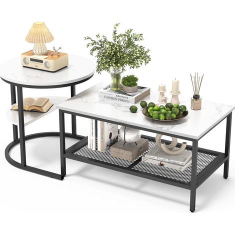 Table basse esthétique – Cadre métallique doré avec plateau effet marbre– Rangements intégrés – Gain de place par empilage – Nettoyage facile (1/5)