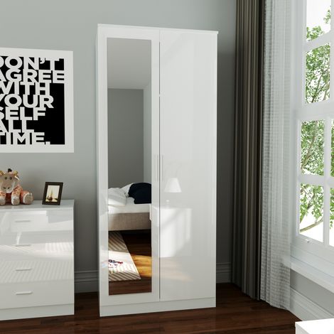 ELEGANT White Wardrobe Storage with Mirror High Gloss Bedroom Furniture Soft Close Door Shelf and Hanging Rod