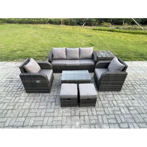 Fimous Salon de jardin exterieur Ensemble de canapés en rotin avec Chaise inclinable Table basse rectangulaire Table d'appoint 2 Petits tabourets Gris foncé mixte (1/5)