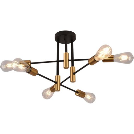 Lampadario Moderno a Soffitto 6 Luci (lampadine non incluse) – Plafoniera Design Industriale in Metallo Nero e Oro con Attacco E27– Soggiorno, Cucina, Camera, Sala da Pranzo