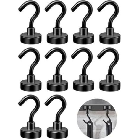 Pack of 10 Extra Strong 16mm Magnetic Hooks, Black Hook Magnets for Fridge, Strong Hooks Without Drilling for Kitchen, Bathroom, Office, Garage - (1/5)