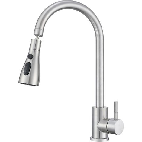 Gebogene, spritzwassergeschützte Küchenarmatur, kugelgelagerte Verlängerung aus Edelstahl 304, ausziehbarer Duschkopf, Chrom (1/5)