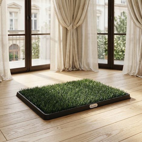 Toilette pour Chien avec 2 Tapis en Gazon Artificiel et Grille de Drainagec, Système Lavable, 63x50,5x3,5cm, Noir (1/5)