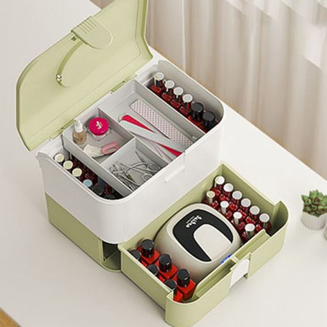 Boîte de rangement cosmétique à 2 compartiments avec tiroirs, grande capacité, portable, avec porte-vernis à ongles, pour nail art, verte. (1/5)