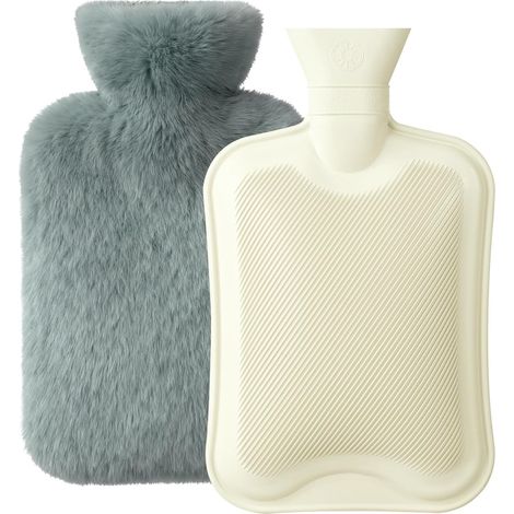 Bouillotte Eau Chaude 2 Litres avec Caoutchouc Naturel et Housse Fausse Fourrure, Bouillotte avec Couverture, Chaud pour famille, Idéal pour Femme Fille Enfants Gris (1/5)