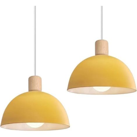 Lot de 2 Lustre Suspension Rétro Suspension Luminaire Moderne Style Demi-Cercle Plafonnier E27 en Bois Métal Jaune, Ø 20CM (1/5)