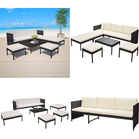 Salon de jardin 6 pcs avec coussins résine tressée noir - Salon De Jardin - Meubles De Jardin - Canapé Extérieur - Set De Salon De Jardin - Canapé Rotin - Home & Living (1/5)