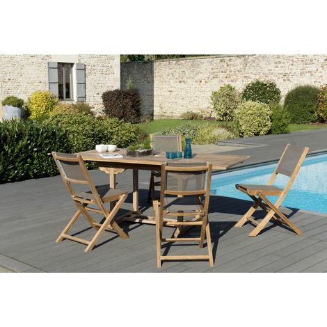 HARRIS - SALON DE JARDIN EN BOIS TECK 4/6 pers - Ensemble de jardin - 1 Table rectangulaire extensible 120/18090 cm - 4 chaises (1/5)