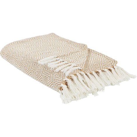 Couvre-lit avec Franges Décoratives Accessoire Chambre Salon 220 x 240 cm en Coton Beige Toutli
