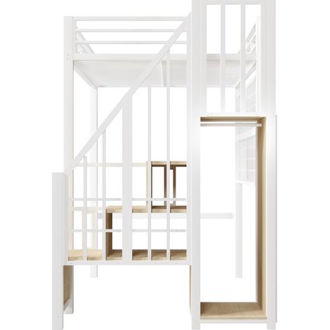 Metall-Hochbett 90 x 200 cm Weiß mit Schrank, Stauraumtreppe und 7-Farben-LED (1/5)
