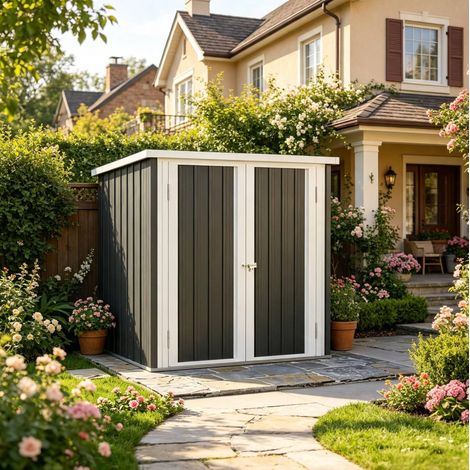 Caseta de jardín 147x86x134 cm de acero y PP negro y blanco, almacenaje seguro – MEUBLIV (1/5)