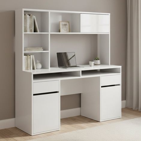 Dmora - Escritorio Ambrenti, Escritorio multiusos, Mesa de oficina para PC, El plan de trabajo, 149x48 h156 cm, Blanco brillante (1/5)