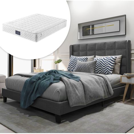 Cama tapizada de lino gris 140x200 cm con somier de láminas y colchón de muelles ensacados (1/5)