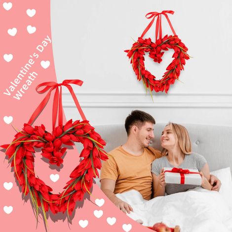 Guirlande En Forme De Coeur - Guirlande De Porte Pour La Saint-Valentin - En Tissu Bâche Et Ruban Satiné - 37 Cm - Rouge Avec Accents Verts - 1 Pièce (1/5)