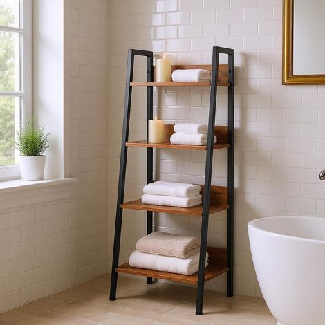 Étagère de Salle de Bain Style échelle 42 x 29 x 110 cm, 4 Niveaux, tiroir en Tissu, Panneaux de Bois de 12 mm et Cadre en métal de 20 mm, paroi arrière de 7,5 cm, Meuble de Salle de Bain (1/4)