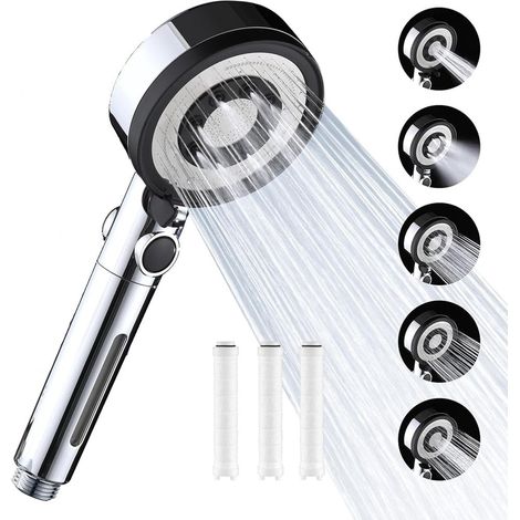 Pommeau de douche avec 3 filtres PP anticalcaire haute pression, pommeau de douche de salle de bain avec 5 modes de jet, (sans flexible ni support) (1/5)