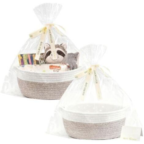 Panier Cadeau, 2 Pièces Panier Cadeau Vide, Panier Tressé avec 2 Sacs Cadeaux Transparents, 2 Rubans Colorés, 2 Cartes de Vœux pour Baby Shower, Anniversaire, Mariage, Fête des Récoltes, Noël (1/5)