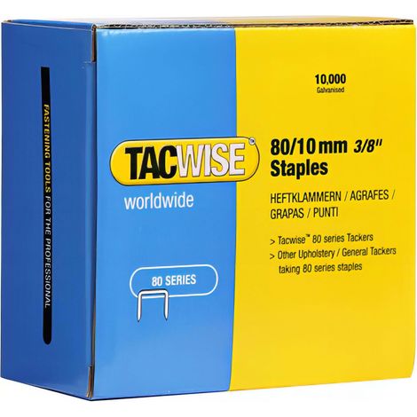 Boîte de 10000 agrafes galvanisées 80 L 10 mm – Agrafes à fil plat pour tapisserie – Compatible agrafeuses pneumatiques Tacwise - TA-0383