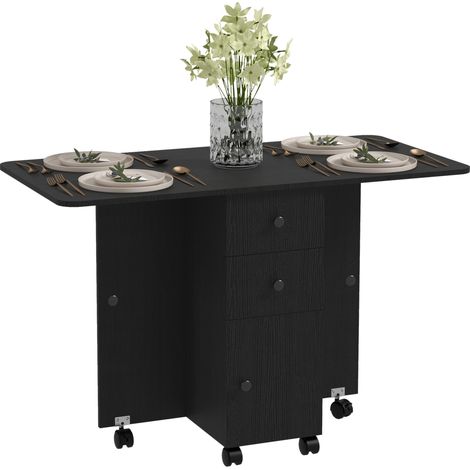 Multi-Storage Six-Person Drop Leaf Dining Table -  Distressed Black (1/5)