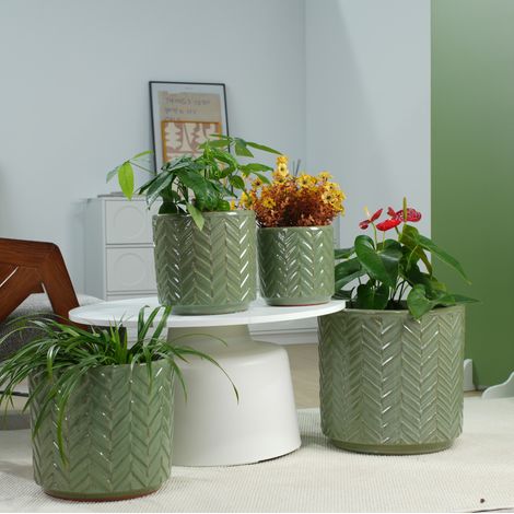 Pot de fleurs Ø38 cm en céramique vert sauge, avec drainage, intérieur/jardin FloraGrace (1/5)