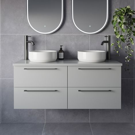 Napoli 460 Gloss Grey Pearl 1200mm Wall Mounted 4 Drawer Vanity Unit for Countertop Basins - 1200mm - Gunmetal Grey 320mm Handle